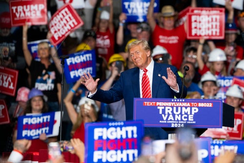 Former US President and Republican presidential candidate Donald Trump gestures as he speaks during a rally at 1st Summit Arena at the Cambria County War Memorial in Johnstown, Pennsylvania, on August 30, 2024. 