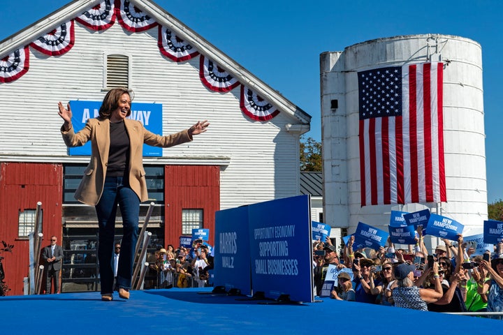 US Vice President and Democratic presidential candidate Kamala Harris gestures as she arrives to speak at a campaign event at the Throwback Brewery, in North Hampton, New Hampshire, on September 4, 2024.