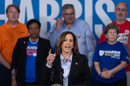 Vice President Kamala Harris speaks at a Monday campaign event in Detroit.