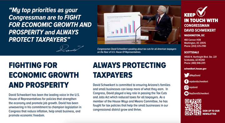 Rep. Dave Schweikert (R-Ariz.) is spending lots of taxpayer money on mass mailers to boast of his commitment to... fiscal responsibility.