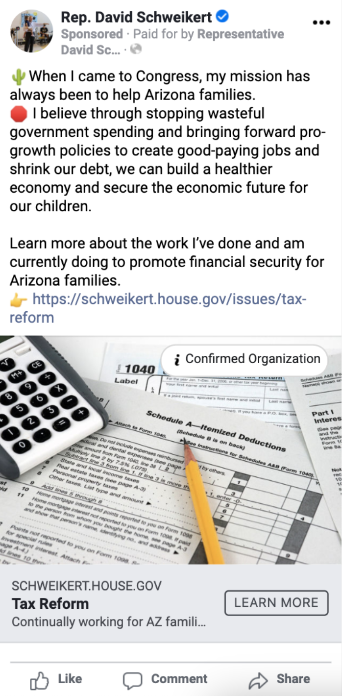 Here's a Facebook ad that Schweikert took out, paid for with taxpayer money, to tout his efforts to stop wasteful government spending.