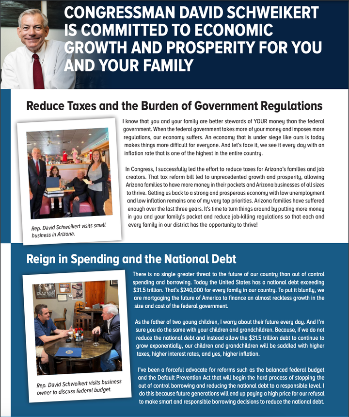 "There is no single greater threat to the future of our country than out of control spending and borrowing," reads one of Schweikert's taxpayer-funded mailers.