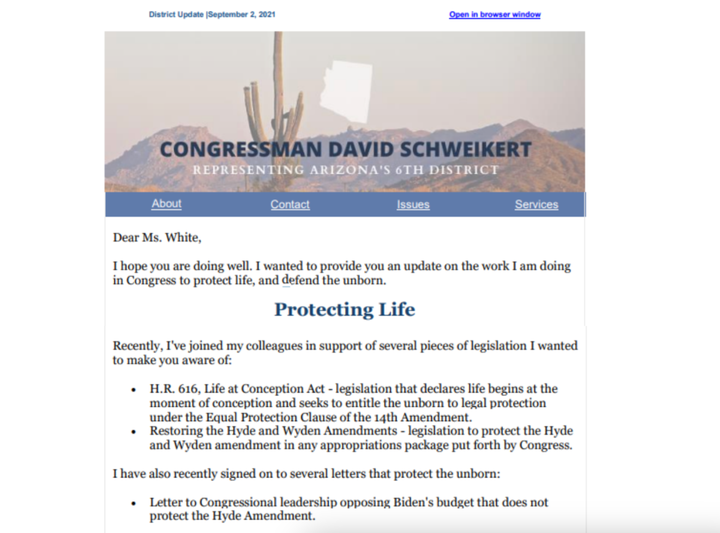 Here's a taxpayer-funded email Schweikert sent to constituents touting his opposition to abortion rights.