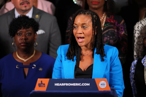 New York Deputy Mayor Sheena Wright speaks during a press conference on gun violence prevention and public safety on July 31, 2023 in New York City. (Photo by Michael M. Santiago/Getty Images)