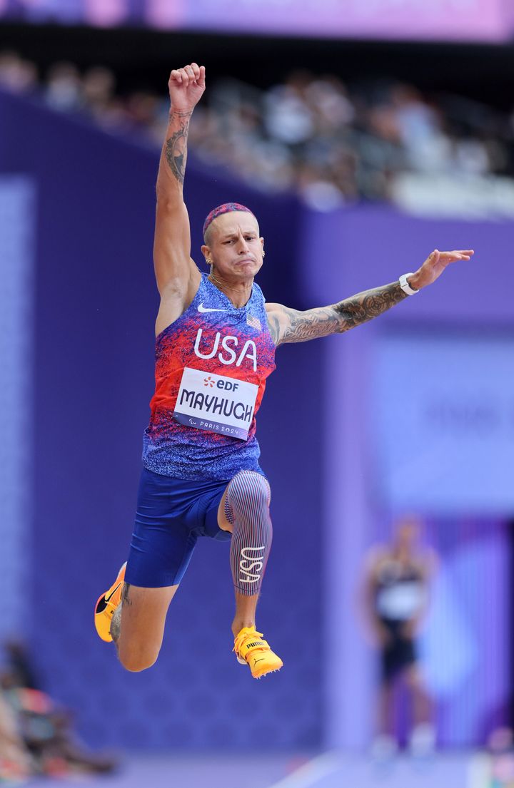 NBC decided to use this unflattering photo of Mayhugh competing at the men's long jump T38 final on Wednesday.