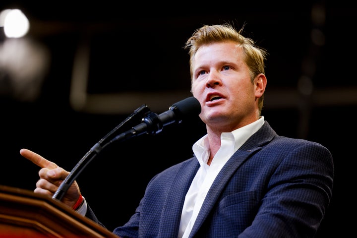 Tim Sheehy, a Republican U.S. Senate candidate in Montana, speaks during a rally for Republican presidential nominee Donald Trump on Aug. 9 at Montana State University in Bozeman.