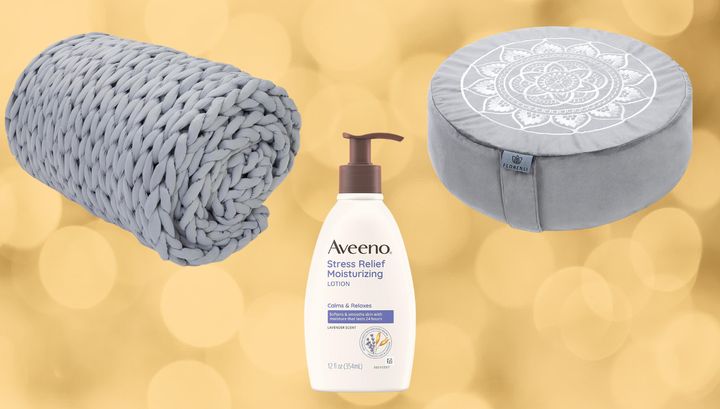 A weighted blanket, Aveeno lotion and a meditation cushion