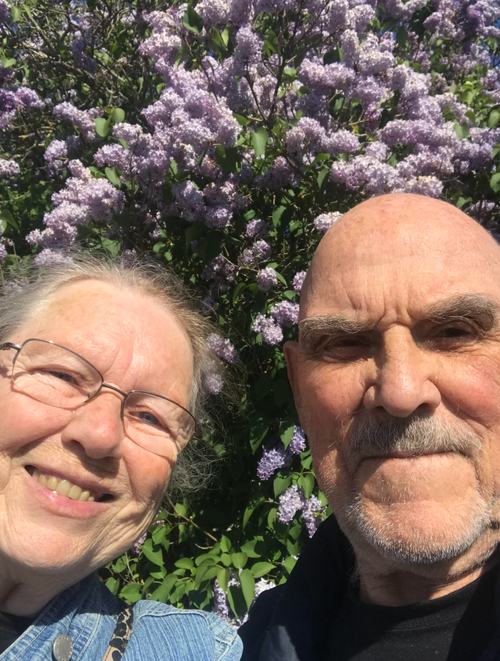 "We paused for a selfie on one of our spring walks — lilacs are big in Sweden," the author writes.