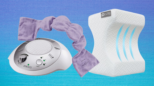 A Homedics white noise machine, Nodpod eye mask and memory foam knee pillow.