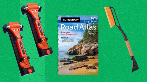 A set of seatbelt cutters, a Rand McNally road atlas and windshield brush
