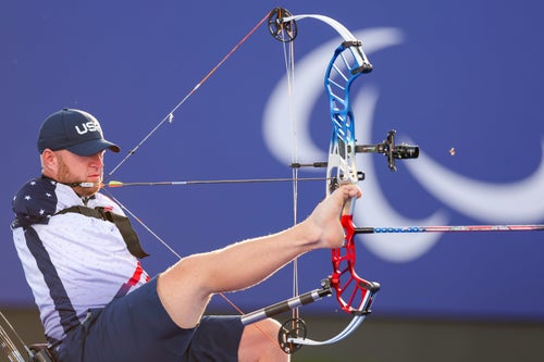 Matt Stutzman of Team USA competes in the para archery men's individual compound open quarterfinal Sunday at the 2024 Paris Paralympic Games.