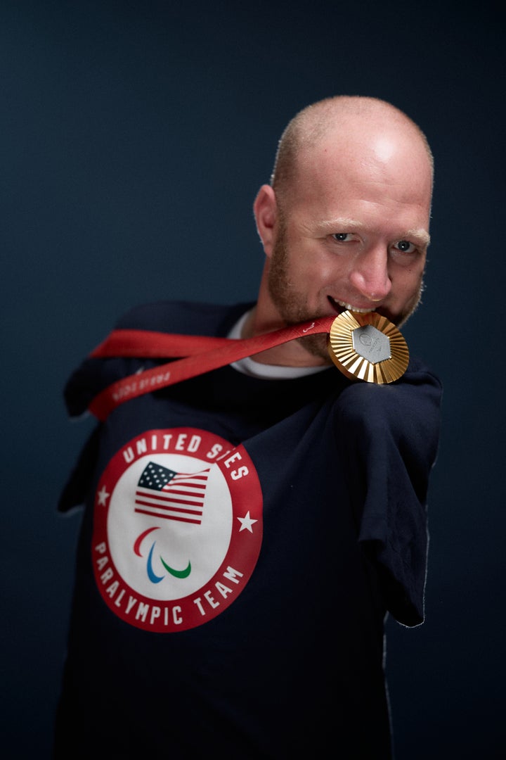 Stutzman with his gold medal Tuesday at the USA House at the Paralympics in Paris.