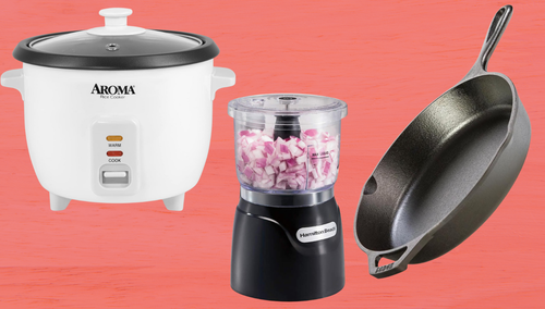 Aroma rice cooker, Hamilton-Beach food processor and Lodge cast iron skillet