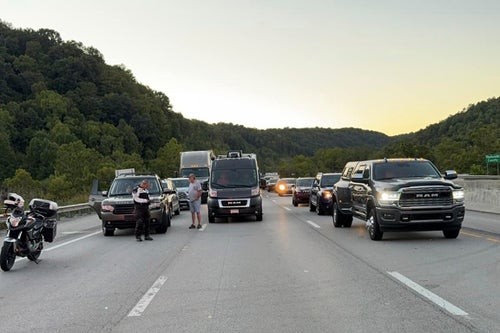 This image, released by the Mount Vernon Fire Department, shows traffic stopped during an active shooting on Interstate 75 north of London, Ky., Saturday, Sept. 7, 2024. (Camden Mink/Mount Vernon Fire Department via AP)