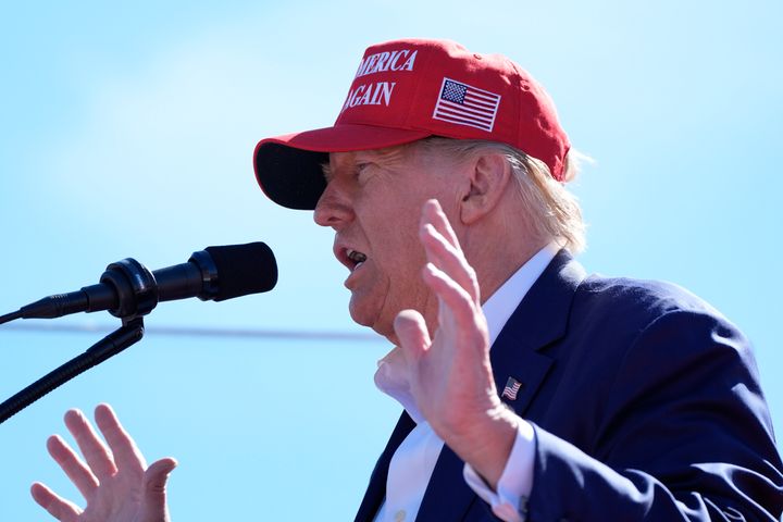 Republican presidential nominee former President Donald Trump speaks during a campaign event at Central Wisconsin Airport, Saturday, Sept. 7, 2024, in Mosinee, Wis.