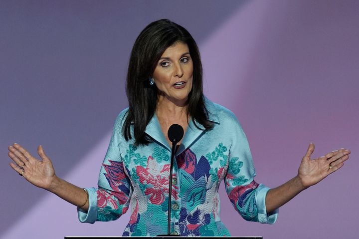 Former Ambassador Nikki Haley speaking on the second day of the Republican National Convention on Tuesday, July 16, 2024, in Milwaukee.