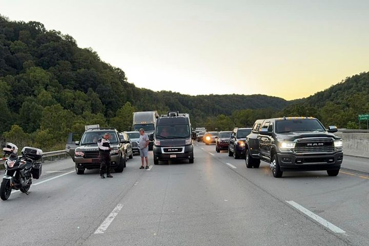 This image released by the Mount Vernon Fire Department shows traffic at a standstill during a shooting on Interstate 75 north of London, Kentucky, on September 7, 2024.