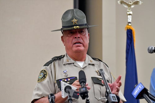 Laurel County sheriff John Root gives an update at the London Community Center in London, Ky., on Sept. 8, 2024, on the efforts to find the suspect in the Saturday shooting at Interstate 75 near Livingston, Ky.
