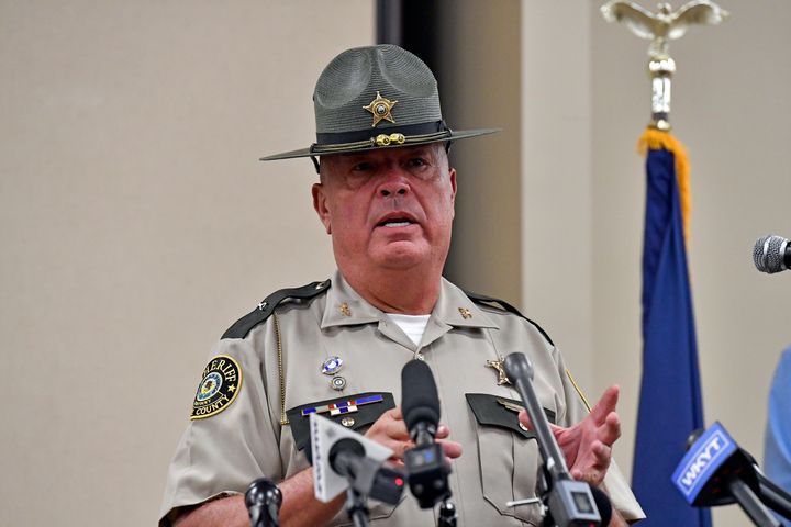 Laurel County Sheriff John Root gives an update on efforts to find the suspect in Saturday's shooting on Interstate 75 near Livingston, Kentucky, at the London Community Center in London, Kentucky, on September 8, 2024.