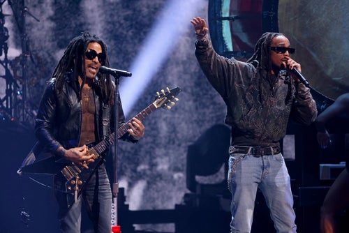 Lenny Kravitz and Quavo rehearse for the 2024 MTV Video Music Awards at UBS Arena on Sept. 8, 2024, in Elmont, New York.