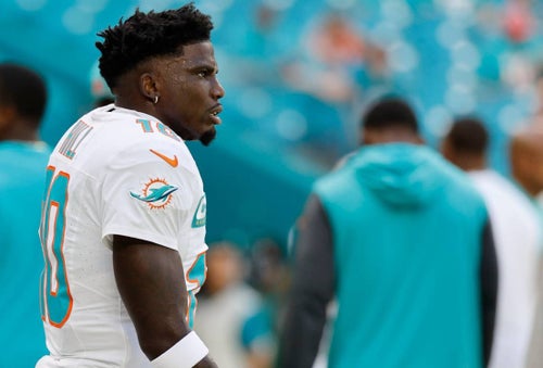Miami Dolphins wide receiver Tyreek Hill looks on before the start of an NFL football game against the Jacksonville Jaguars at Hard Rock Stadium on Sunday.