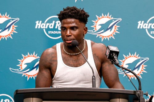 Hill addresses the media during the post-game press conference after playing the Jacksonville Jaguars on Sunday.