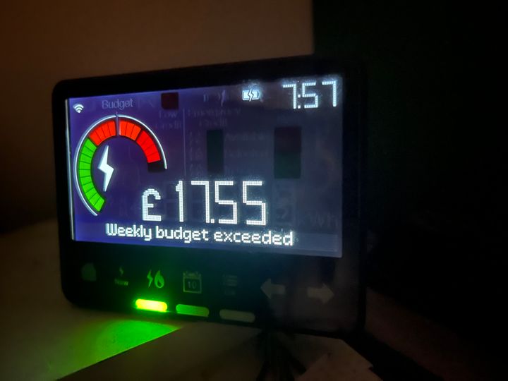 Smart meter showing weekly budget exceeded. Energy crisis