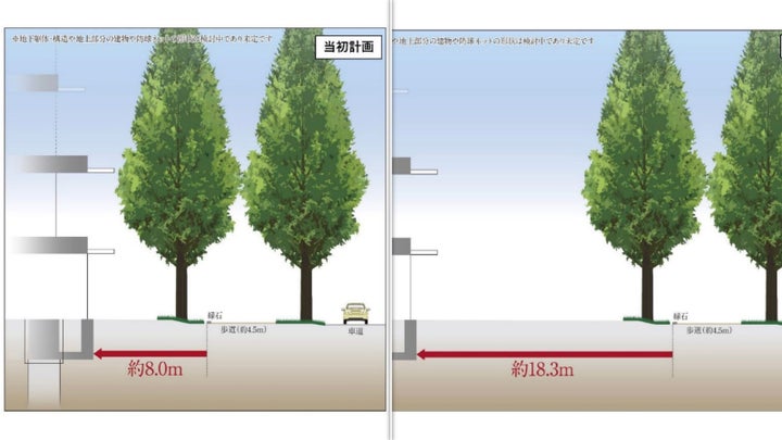 （左）当初計画（右）が変更後の見直し案。いちょうから新設される球場への距離が倍以上広がった（事業者が発表した見直し案から抜粋）