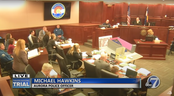 Michael Hawkins is shown on KMGH-TV in Denver as he testifies in court in 2015 about police response to the massacre at movie theater in Aurora, Colorado.