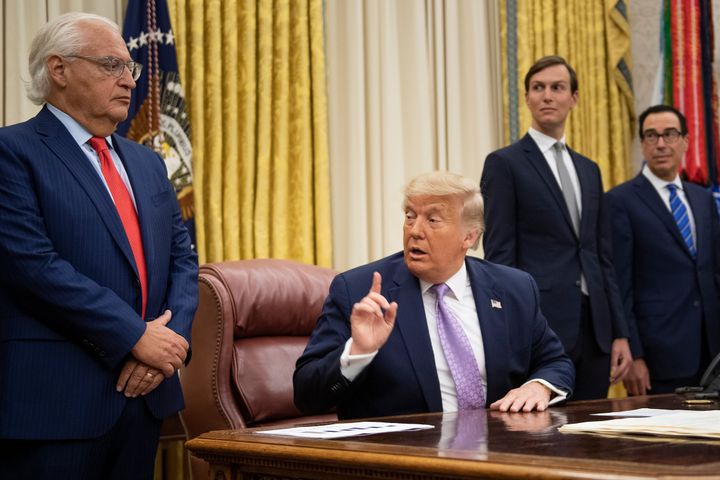 David Friedman (left), who is close to former President Donald Trump, helped organize the just-concluded Middle East-America Dialogue summit, at which several senior Biden administration officials spoke. Former Trump Treasury Secretary Steve Mnuchin (right) was another speaker.