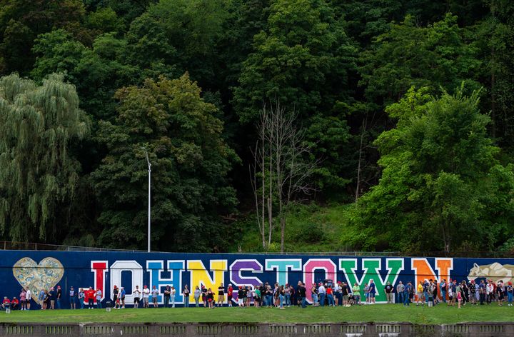 People wait in line to attend a rally for Republican presidential nominee former President Donald Trump on Aug. 30 in Johnstown, Pennsylvania.