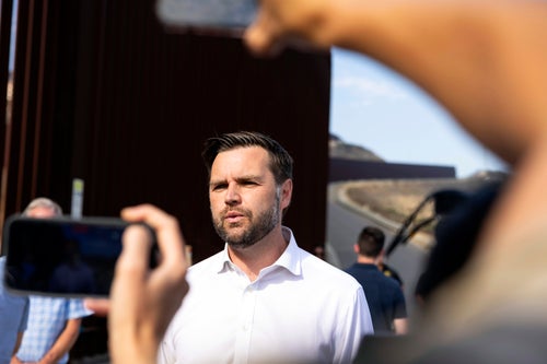 Republican vice presidential nominee Sen. JD Vance (R-Ohio) talks with reporters as he visits the United States border with Mexico during a campaign event Friday, Sept. 6, 2024, in San Diego. He has doubled down on claims that Haitian immigrants were stealing and eating people’s pets.