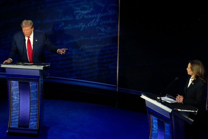 Republican presidential nominee former President Donald Trump and Democratic presidential nominee Vice President Kamala Harris participate during an ABC News presidential debate at the National Constitution Center on Tuesday in Philadelphia.