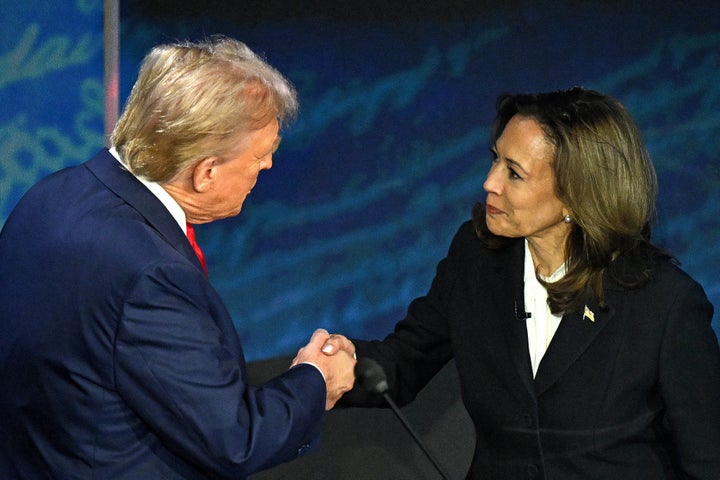 Vice President Kamala Harris and former President Donald Trump shake hands before the ABC News presidential debate Tuesday night in Philadelphia.