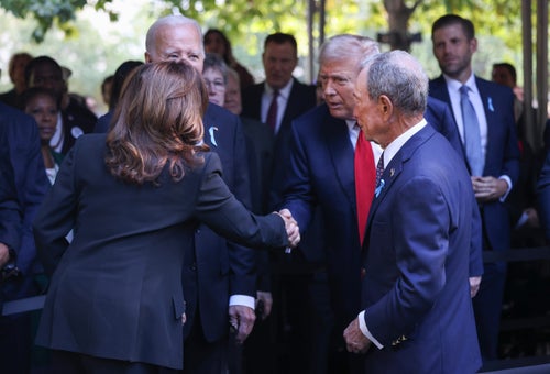 Vice President Kamala Harris greets former President Donald Trump as they joined family and friends at ground zero to honor the lives of those lost on the 23rd anniversary of the terror attacks of September 11, 2001, at the World Trade Center in New York City.