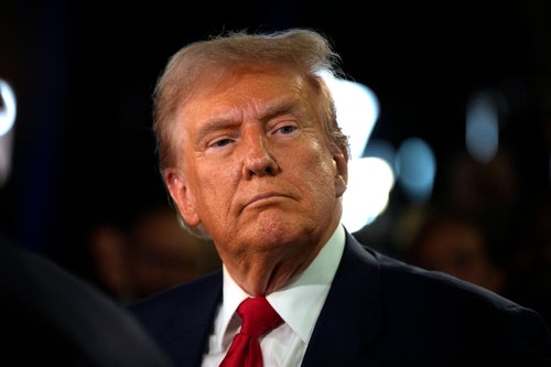 Republican presidential nominee Donald Trump speaks to reporters after a presidential debate with Democratic presidential nominee Kamala Harris on Tuesday. The former president said he's "less inclined" to have another debate with Harris because he "won" their first one.