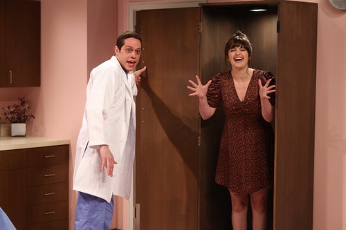 Chloe Troast, right, is seen with guest host Pete Davidson on the Oct. 14, 2023, episode of "Saturday Night Live."