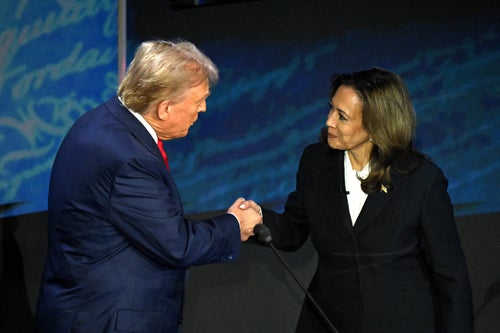 Vice President Kamala Harris shook hands with former President Donald Trump on Tuesday before the ABC News presidential debate in Philadelphia.