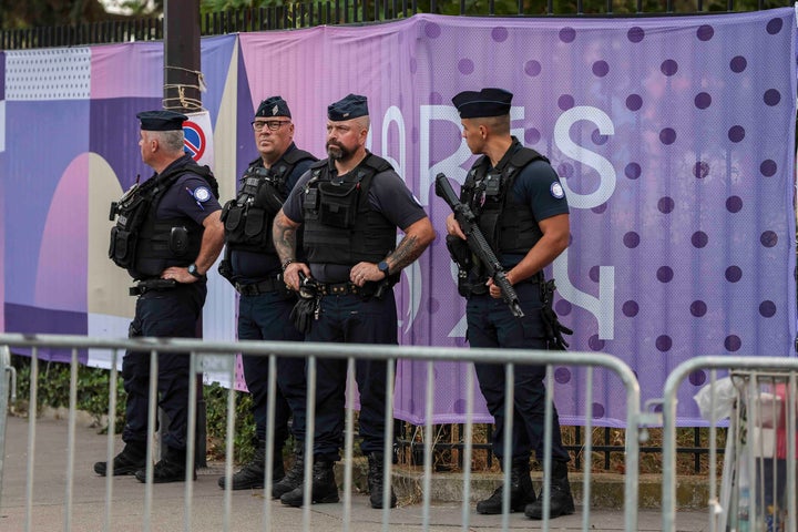 Police guards stationed at Parc des Princes stadium in Paris prior to an Olympic soccer match between Mali and Israel.