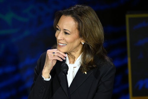 Harris reacts to Trump during their debate.
