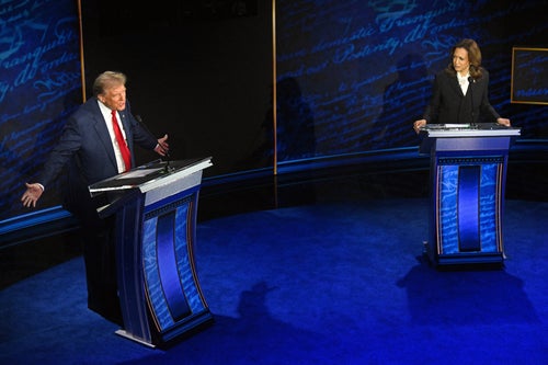 Donald Trump speaks during a presidential debate with Kamala Harris at the National Constitution Center in Philadelphia, Pennsylvania, on September 10, 2024. 