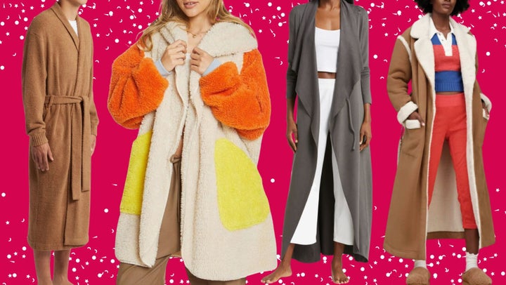 A men's sweater robe, an UnHide plush hoodie robe, a pima stretch cotton duster and Ugg's classic sherpa-lined robe.