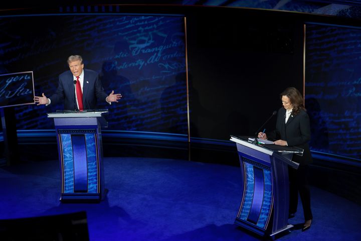 Republican presidential nominee Donald Trump and Democratic presidential nominee Kamala Harris debate Tuesday night at The National Constitution Center in Philadelphia. Trump's emotional delivery was in contrast to Harris' calmer demeanor.