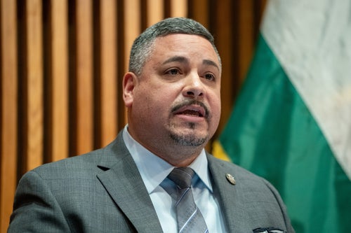 New York Police Department Commissioner Edward Caban speaks during the first quarter crime briefing press conference Wednesday, April 3, 2024, in Manhattan, New York City. (Barry Williams/New York Daily News/Tribune News Service via Getty Images)