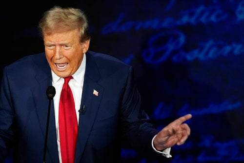 Former President Donald Trump, the 2024 Republican presidential nominee, photographed during a debate with Vice President Kamala Harris, the Democratic presidential nominee, on Tuesday, Sept. 10, 2024 in Philadelphia.