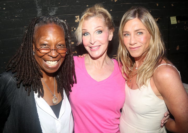 "It is a brave, honest, crazy and silly act of resistance at a time when many people are slowing down," said Leigh (center, with Whoopi Goldberg and Jennifer Aniston). 