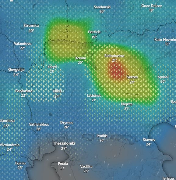 Η κακοκαιρία το απόγευμα της Παρασκευής όπως φαίνεται στον χάρτη.