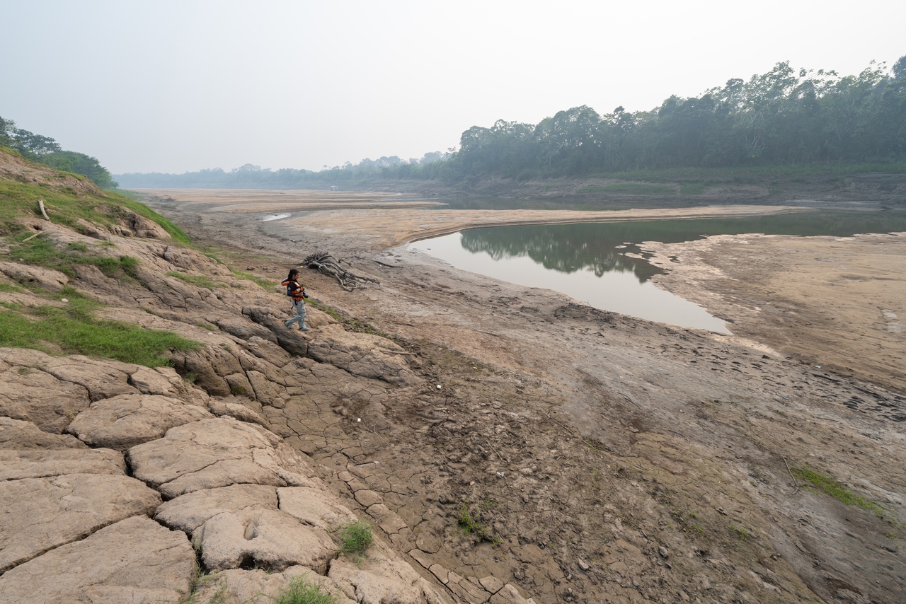 Daiana Guedes da Costa examines a dry river bed during a trip to monitor dolphin behavior in the waters around Tefé on Aug. 28. Just one week before, this channel had enough water for canoes and other small boats to pass.