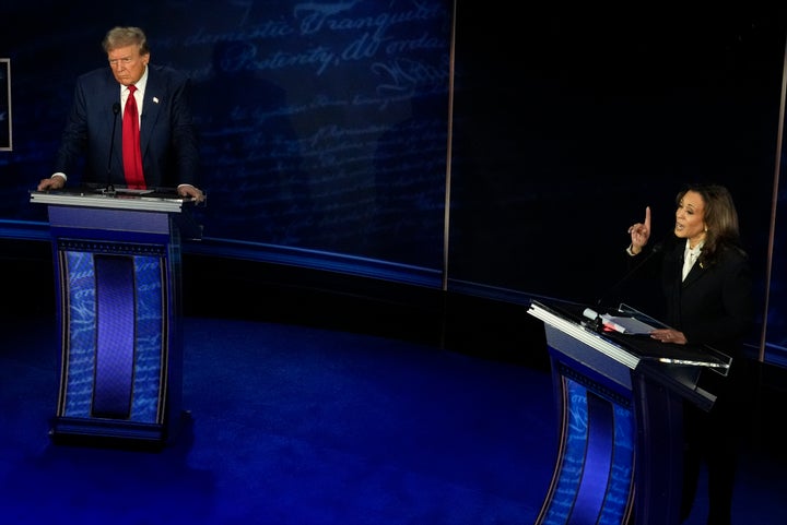 Former President Donald Trump, left, and Vice President Kamala Harris are seen during an ABC News presidential debate on Tuesday, Sept. 10, 2024, in Philadelphia.