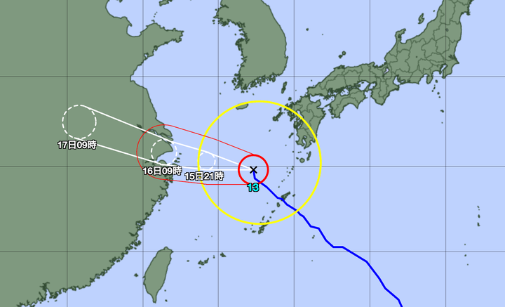 台風13号の予想経路図（2024年9月15日午前9時）